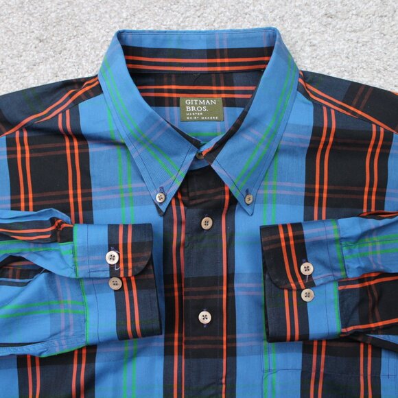 Gitman Bros Shirt Mens XL Blue/Black/Orange 100% Cotton Long Sleeve Button Down - Picture 1 of 14
